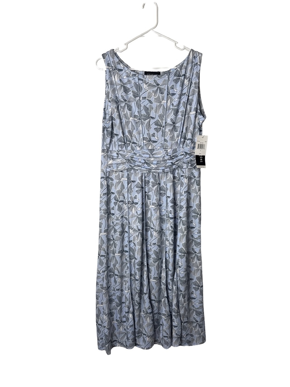 PERCEPTIONS NEW YORK NWT Blue White Floral Sleeveless Midi Dress Ruched Waist L
